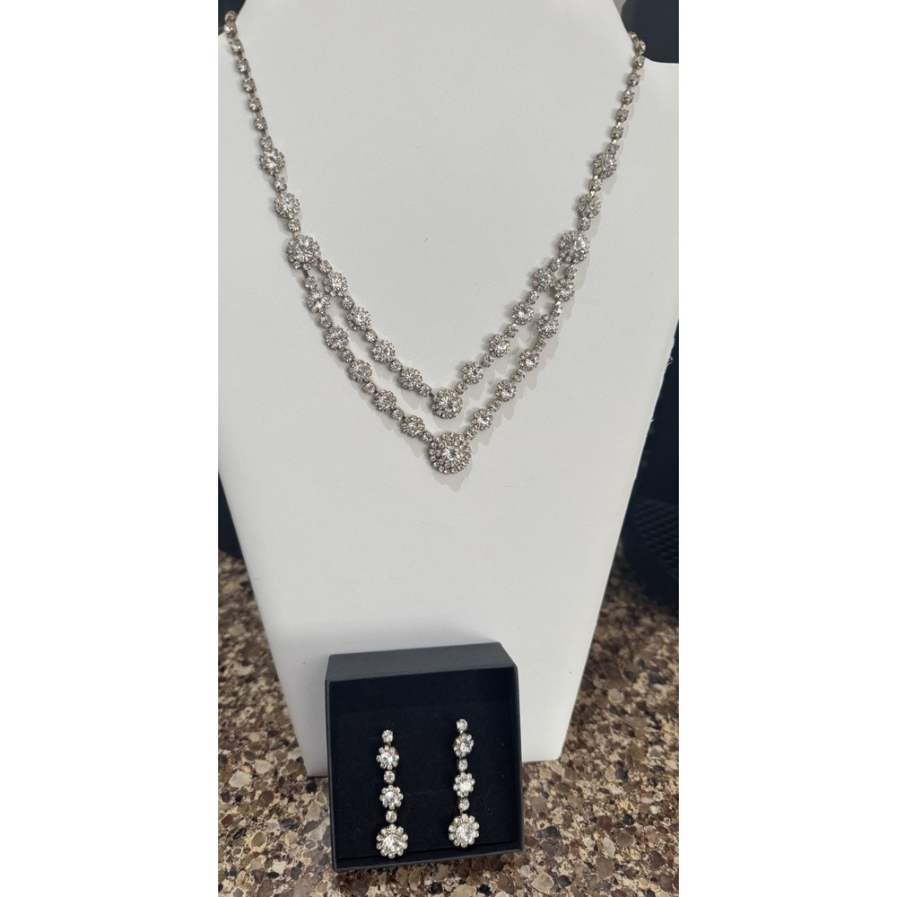 Gold Tone Crystal Rhinestone Bridal Necklace And Pierced Earrings Set